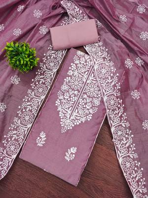 Women's levender thread embroidery chanderi cotton dress material 1