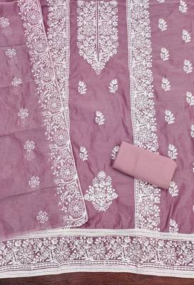 Women's levender thread embroidery chanderi cotton dress material 2