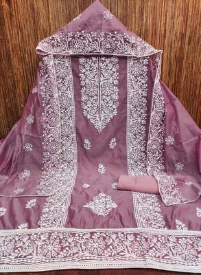 Women's levender thread embroidery chanderi cotton dress material 3