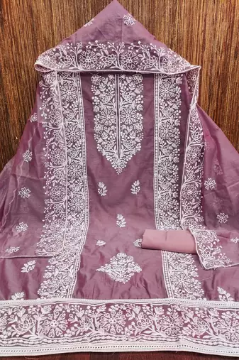 Women's levender thread embroidery chanderi cotton dress material
