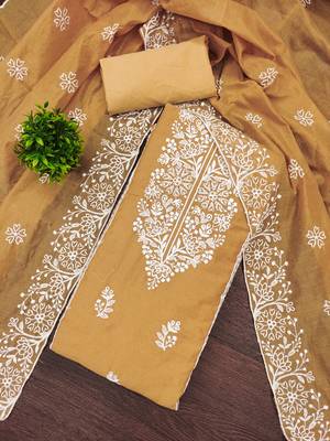 Women's yellow thread embroidery chanderi cotton dress material 1