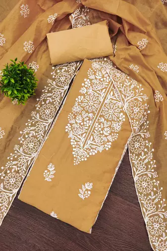 Women's yellow unstitched thread embroidery chanderi cotton dress material (mtmahilyw)