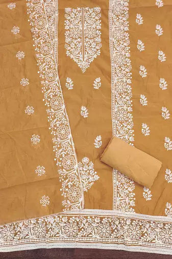 Women's yellow thread embroidery chanderi cotton dress material