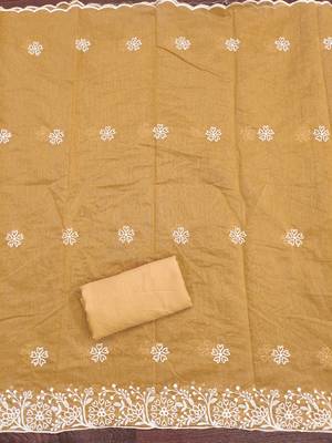 Women's yellow thread embroidery chanderi cotton dress material 4