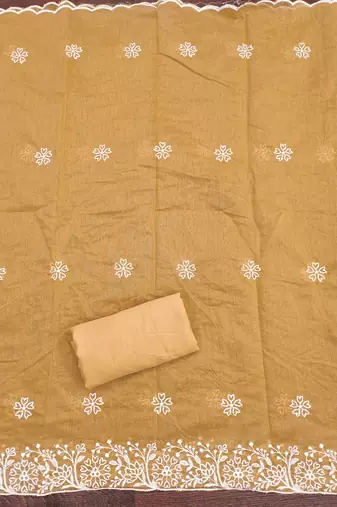 Women's yellow thread embroidery chanderi cotton dress material
