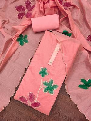 Women's peach embroidery & print chanderi dress material 1