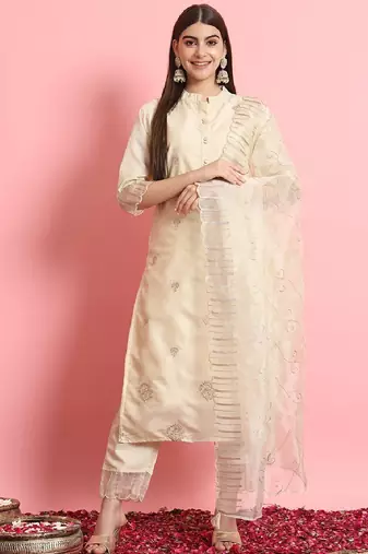 Silk blend beige casual wear embroidery work readymade salwar suit