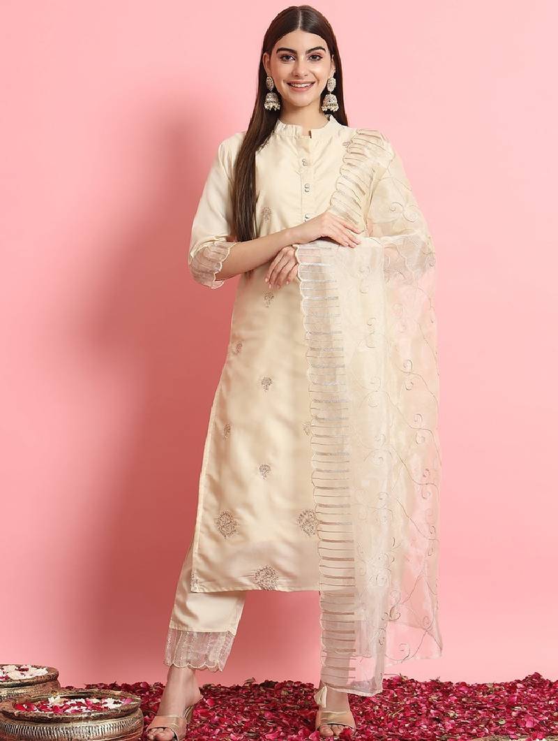 Silk blend beige casual wear embroidery work readymade salwar suit