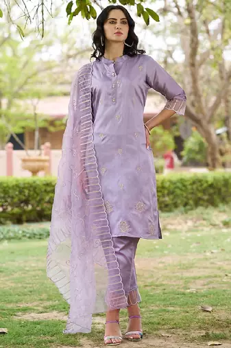 Silk blend lavender casual wear embroidery work readymade salwar suit