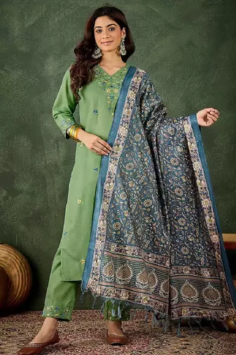 Cotton blend pista casual wear embroidery work readymade salwar suit
