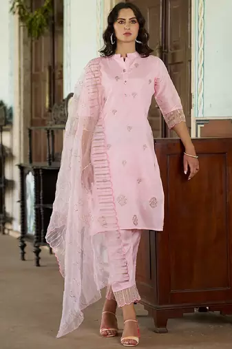 Silk blend pink casual wear embroidery work readymade salwar suit