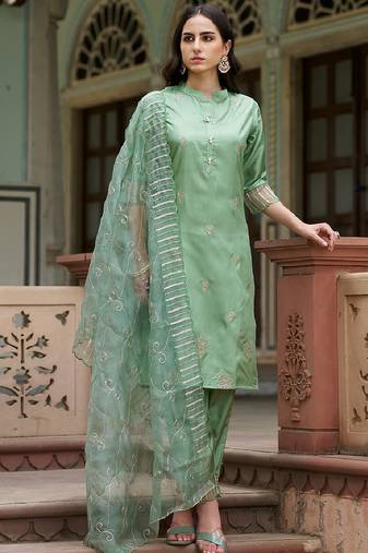 Silk blend pista casual wear embroidery work readymade salwar suit