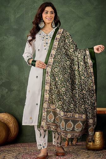 Cotton blend white casual wear embroidery work readymade salwar suit