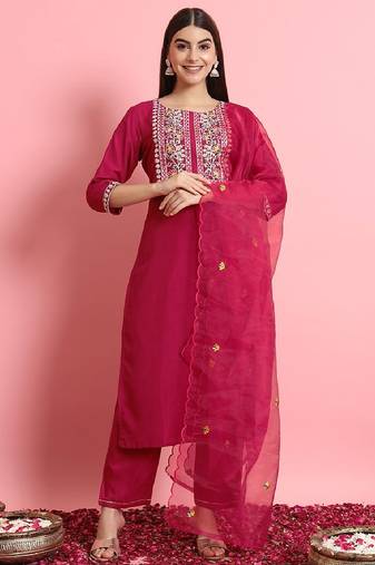Silk blend rani pink casual wear embroidery work readymade salwar suit