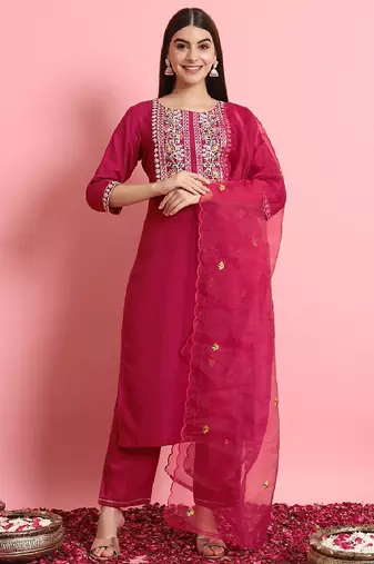 Silk blend rani pink casual wear embroidery work readymade salwar suit