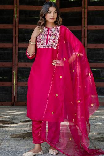 Silk blend rani pink casual wear embroidery work readymade salwar suit