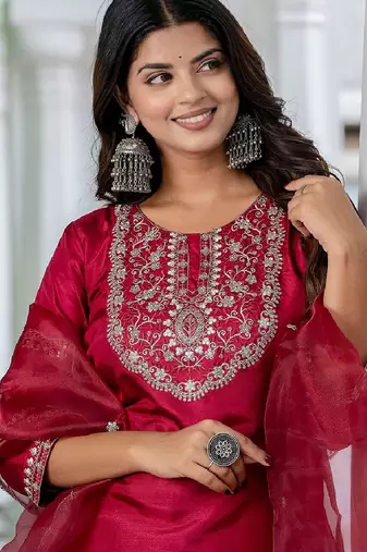 Silk blend red casual wear embroidery work readymade salwar suit