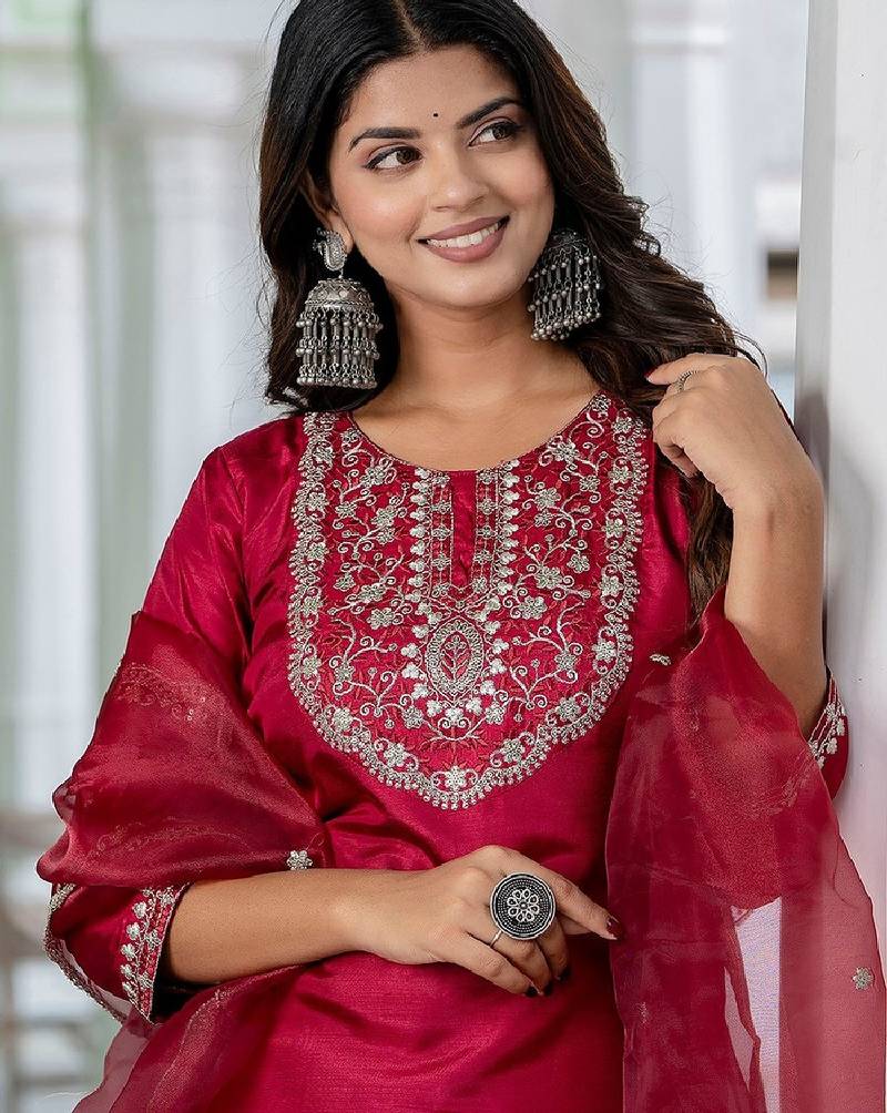 Silk blend red casual wear embroidery work readymade salwar suit