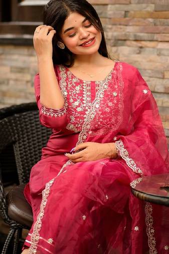 Silk blend pink casual wear embroidery work readymade salwar suit
