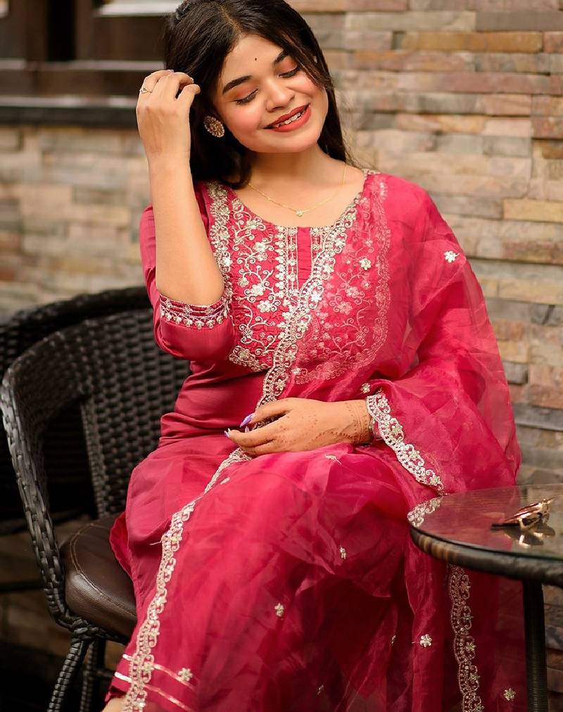 Silk blend pink casual wear embroidery work readymade salwar suit
