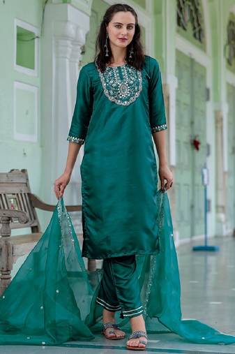 Silk blend green casual wear embroidery work readymade salwar suit
