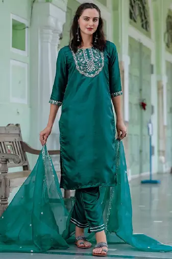 Silk blend green casual wear embroidery work readymade salwar suit