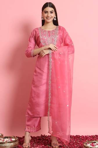 Silk blend pink casual wear embroidery work readymade salwar suit