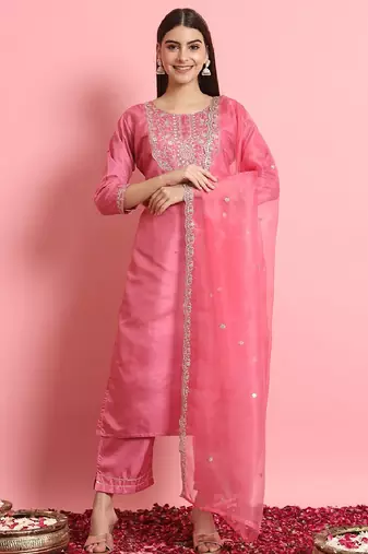 Silk blend pink casual wear embroidery work readymade salwar suit