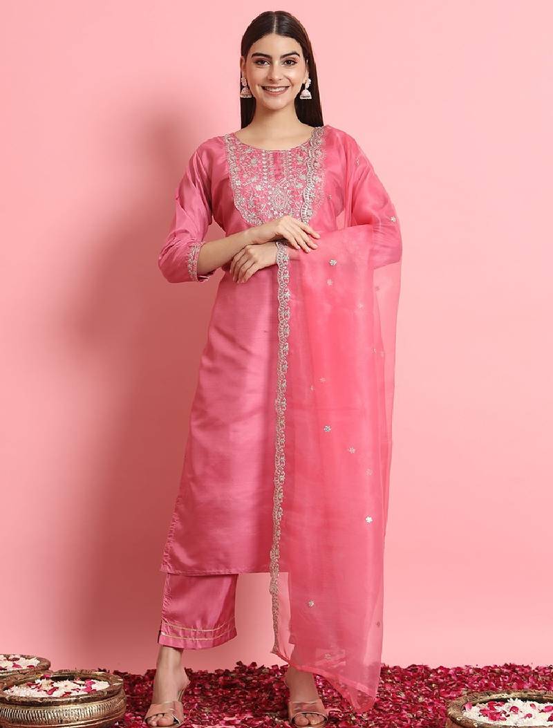 Silk blend pink casual wear embroidery work readymade salwar suit