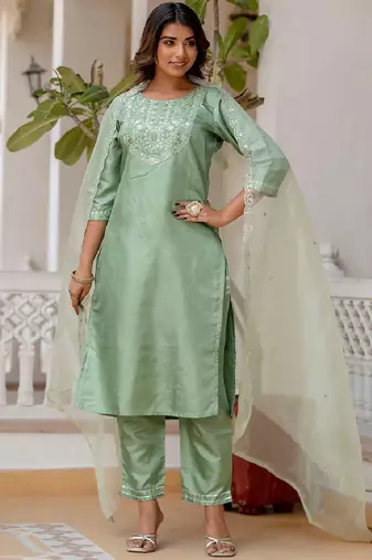 Silk blend pista casual wear embroidery work readymade salwar suit