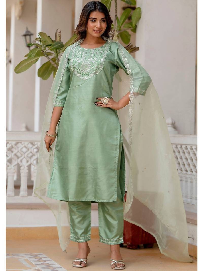 Silk blend pista casual wear embroidery work readymade salwar suit