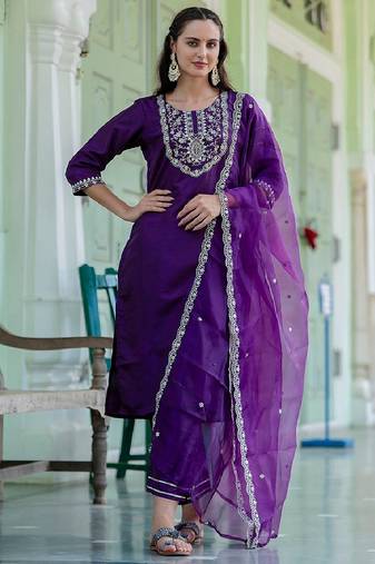 Silk blend violet casual wear embroidery work readymade salwar suit