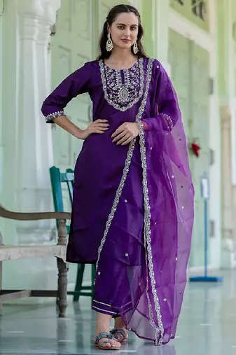 Silk blend violet casual wear embroidery work readymade salwar suit