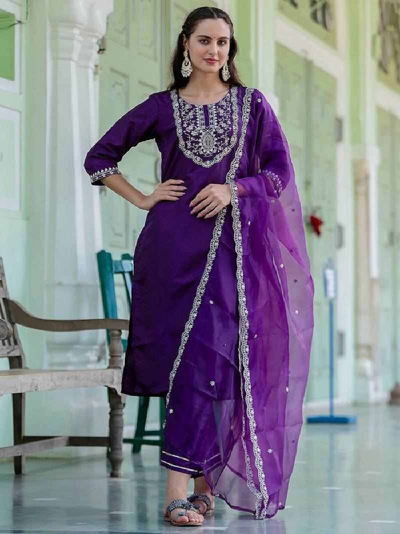 Silk blend violet casual wear embroidery work readymade salwar suit