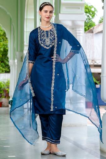 Silk blend navy blue casual wear embroidery work readymade salwar suit