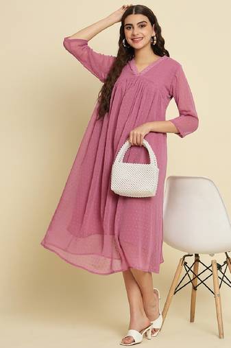 Chiffon dusty pink casual wear schiffli work readymade midi dress