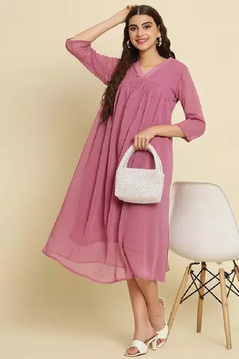 Chiffon dusty pink casual wear schiffli work readymade midi dress
