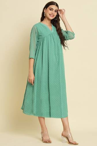 Chiffon mint casual wear schiffli work readymade midi dress
