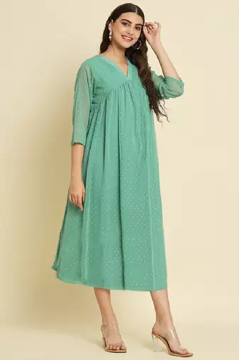 Chiffon mint casual wear schiffli work readymade midi dress