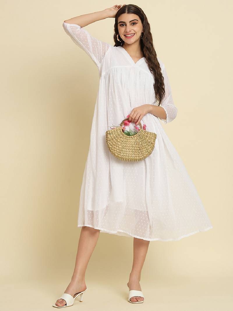 Chiffon white casual wear schiffli work readymade midi dress