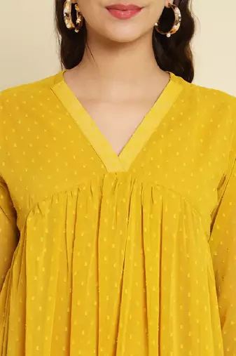 Chiffon yellow casual wear schiffli work readymade midi dress