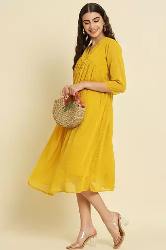 Chiffon yellow casual wear schiffli work readymade midi dress