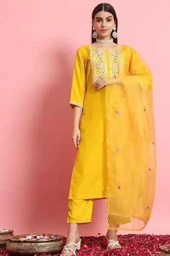 Silk blend yellow casual wear embroidery work readymade salwar suit