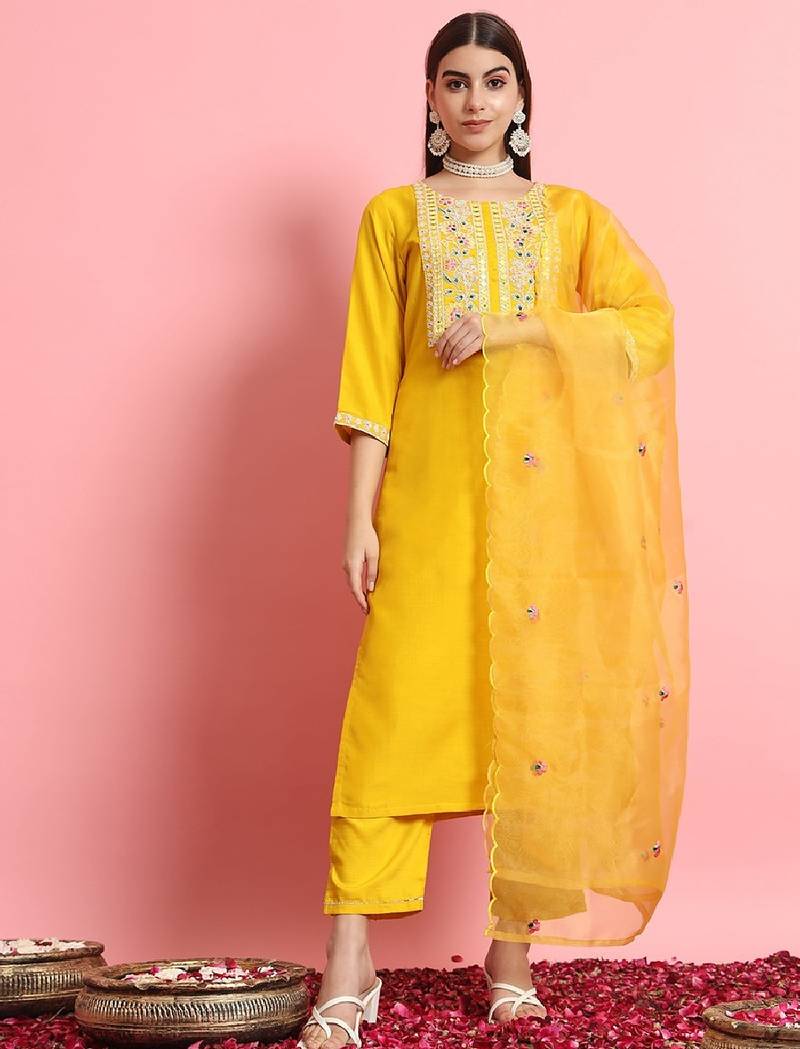 Silk blend yellow casual wear embroidery work readymade salwar suit