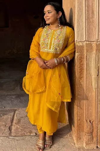 Silk blend mustard casual wear embroidery work readymade salwar suit