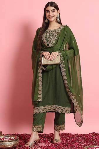 Silk blend mehendi casual wear embroidery work readymade salwar suit