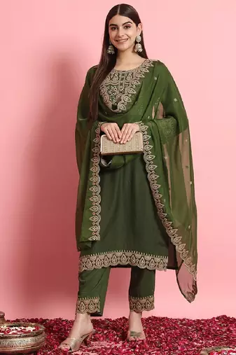 Silk blend mehendi casual wear embroidery work readymade salwar suit