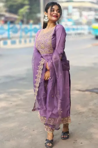 Silk blend lavender casual wear embroidery work readymade salwar suit