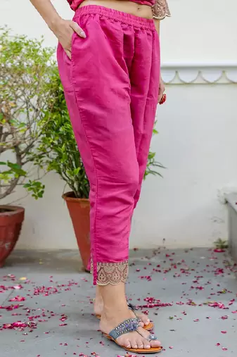 Silk blend rani pink casual wear embroidery work readymade salwar suit