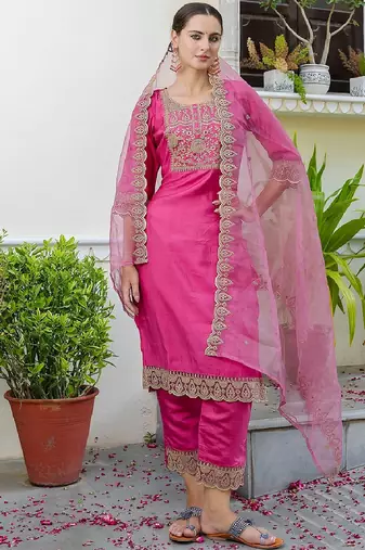 Silk blend rani pink casual wear embroidery work readymade salwar suit